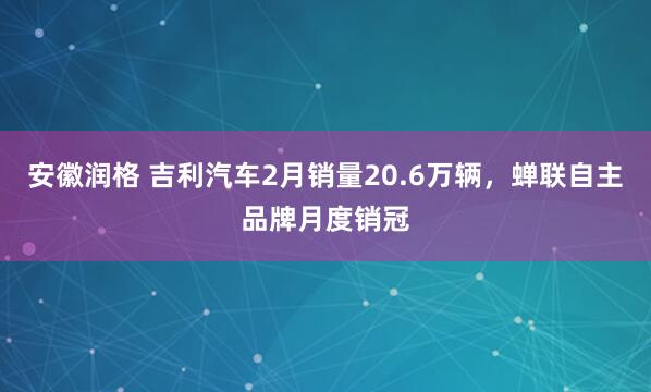 安徽润格 吉利汽车2月销量20.6万辆，蝉联自主品牌月度销冠